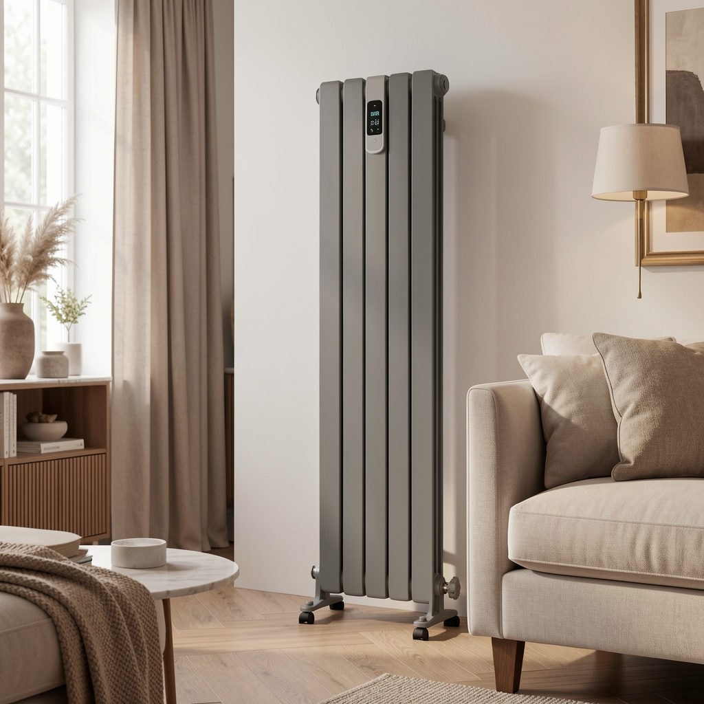 Moderni keramički električni radijator sive boje sa digitalnim termostatom i vremenskim tajmerom u elegantnoj dnevnoj sobi