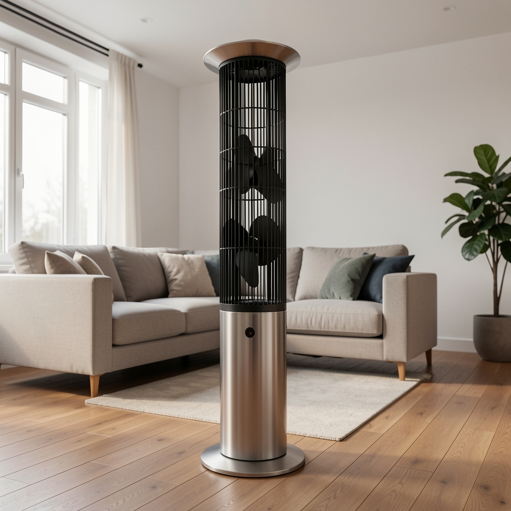 Elegantni tower ventilator bez lopatica crno-srebrne boje u modernom stanu, svetla dnevna soba sa drvenim podom i sofom