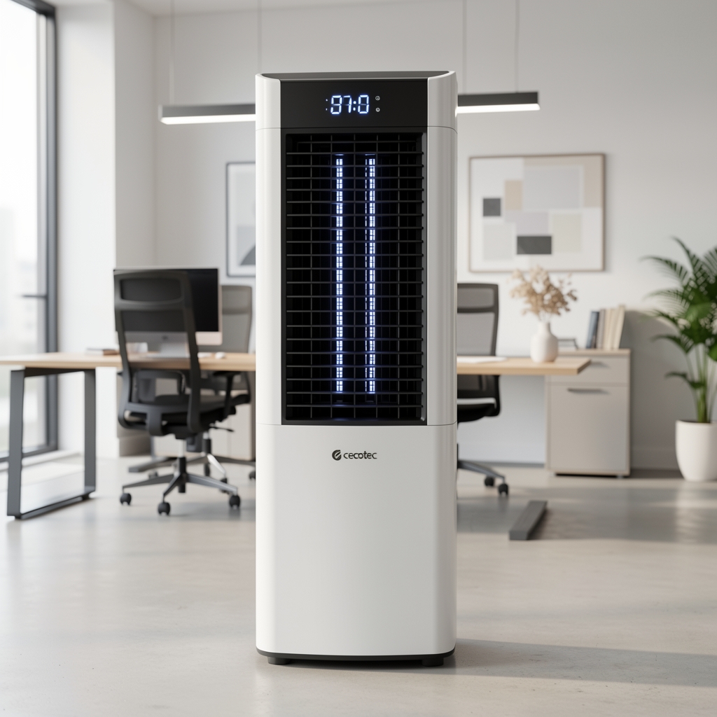 Cecotec EnergySilence 5900 Stylance beli tower ventilator tanki sa LED displejem, moderna kancelarija u pozadini